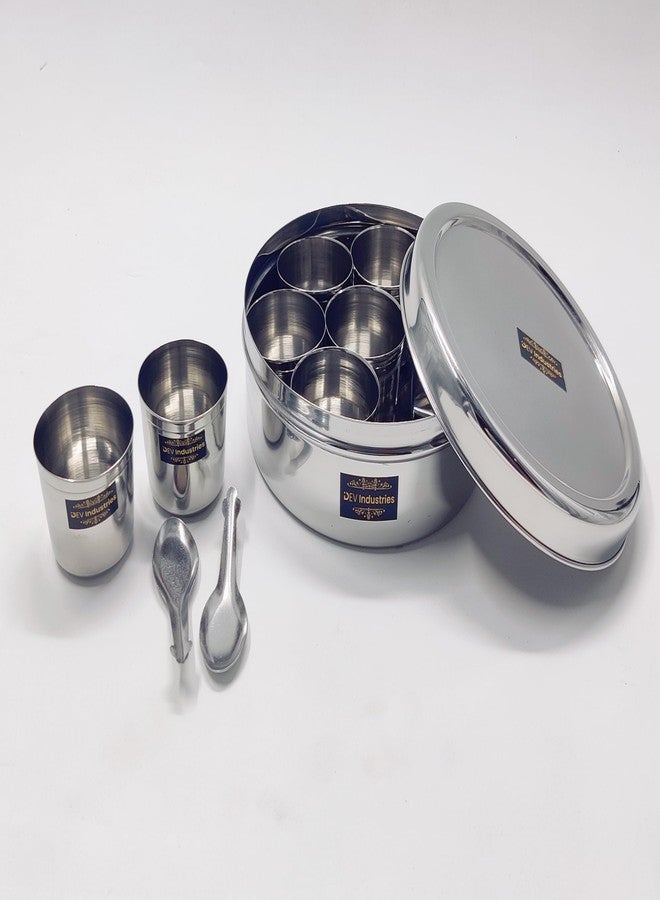 DEV INDUSTRIES Stainless Steel Spice Box, Masala Dabba with airtight Lid, 7 Containers with 2 Spoon, Organize Spices, Durable & Elegant Kitchen Storage for Home Cooking, Medium (80ml x 7 Container) - Image 1