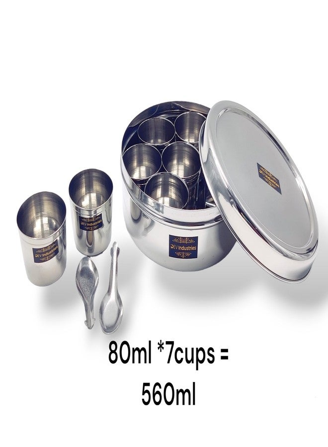 DEV INDUSTRIES Stainless Steel Spice Box, Masala Dabba with airtight Lid, 7 Containers with 2 Spoon, Organize Spices, Durable & Elegant Kitchen Storage for Home Cooking, Medium (80ml x 7 Container) - Image 2