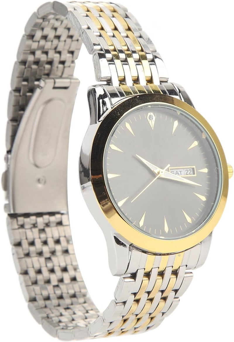 RIZGHWOY Stylish Classic Quartz Stainless Steel Dress Watch Waterproof Calendar Display Men Watch for Daily Use Alloy Glass (Gold Black) - Image 2