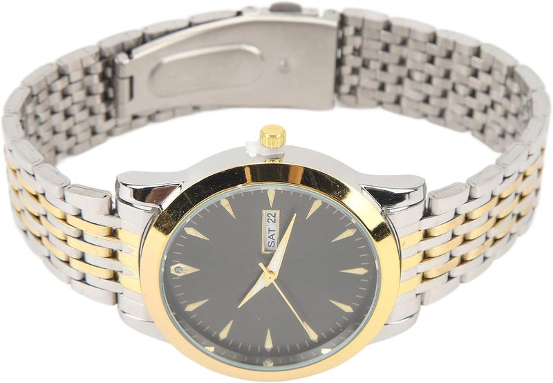 RIZGHWOY Stylish Classic Quartz Stainless Steel Dress Watch Waterproof Calendar Display Men Watch for Daily Use Alloy Glass (Gold Black) - Image 4