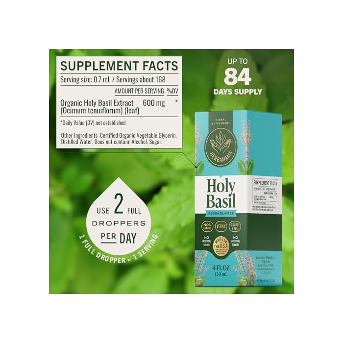 HERBAMAMA Tulsi Holy Basil Tincture - Vegan Mood & Relaxation Support with Holy Basil Leaf Extract Drops - Non-GMO, Alcohol & Sugar-Free Liquid Supplement, 84-Day Supply - Image 3