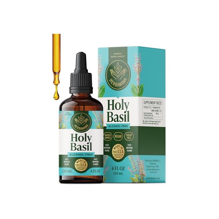 HERBAMAMA Tulsi Holy Basil Tincture - Vegan Mood & Relaxation Support with Holy Basil Leaf Extract Drops - Non-GMO, Alcohol & Sugar-Free Liquid Supplement, 84-Day Supply - Image 1
