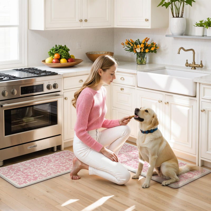 LEEVAN Pink Kitchen Mat Sets of 2, Vintage Distressed Anti Fatigue Memory Foam Kitchen Floor Mat for Laundry,Non Slip Cushioned Standing Mat for Home, Office, Desk,Sink(17''x29''+17''x47'') - Image 4