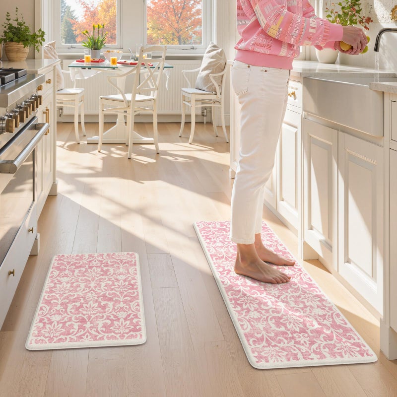 LEEVAN Pink Kitchen Mat Sets of 2, Vintage Distressed Anti Fatigue Memory Foam Kitchen Floor Mat for Laundry,Non Slip Cushioned Standing Mat for Home, Office, Desk,Sink(17''x29''+17''x47'') - Image 5