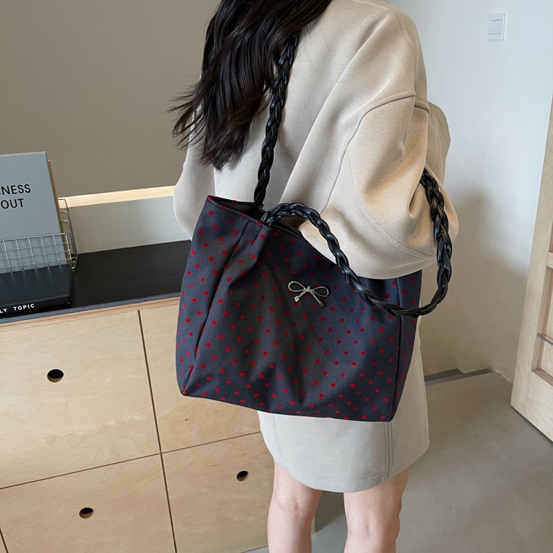 Niche Trendy Large Capacity Polka Dot Canvas Underarm Bag Women'S Fashionable Backpack Commuter Tote Bag - Image 4