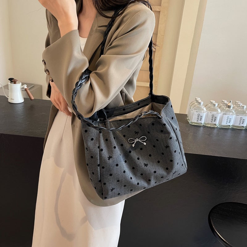 Niche Trendy Large Capacity Polka Dot Canvas Underarm Bag Women'S Fashionable Backpack Commuter Tote Bag - Image 2