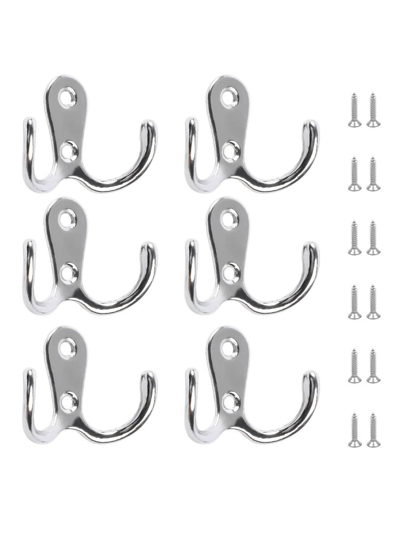 Double Prong Robe Hooks, 6Pcs Dual Coat Hooks Door Hooks with 12Pcs Screws Chrome Wall Mounted Hooks for Hanging Hat Tie Clothes Towel Metal Retro Cloth Hanger Silver for Bedroom Bathroom Kitchen - Image 1