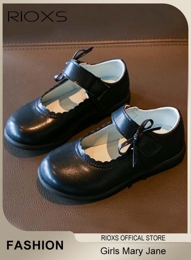 RIOXS Toddler Girls' Mary Jane Shoes, Elegant Bowknot Ballerina Flats, Girls School Shoes with Velcro Closure, Matte Leather Uniform Dress Shoe, Classic Oxford Shoes for Kids Girls, Lightweight Non-slip Walking Shoes, Princess Shoes for Parties, Weddings, Music Recitals, Formal Occasions and Daily Wear, Black Retro Flats - Image 2