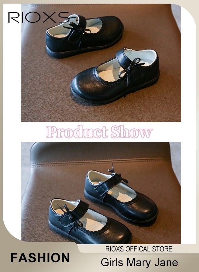 RIOXS Toddler Girls' Mary Jane Shoes, Elegant Bowknot Ballerina Flats, Girls School Shoes with Velcro Closure, Matte Leather Uniform Dress Shoe, Classic Oxford Shoes for Kids Girls, Lightweight Non-slip Walking Shoes, Princess Shoes for Parties, Weddings, Music Recitals, Formal Occasions and Daily Wear, Black Retro Flats - Image 4