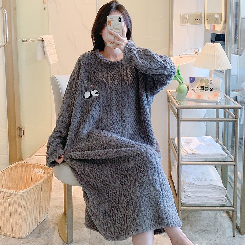 Coral Fleece Nightgown Women'S Winter Fleece-Lined Thickened Sweet Princess Style Cute Pajamas Women'S Plush Jacquard Mid-Length - Image 2