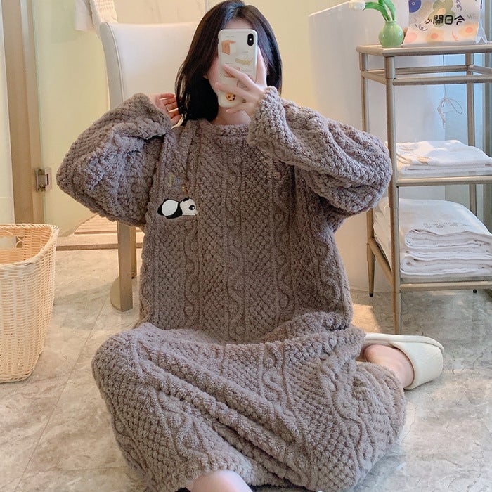 Coral Fleece Nightgown Women'S Winter Fleece-Lined Thickened Sweet Princess Style Cute Pajamas Women'S Plush Jacquard Mid-Length - Image 1