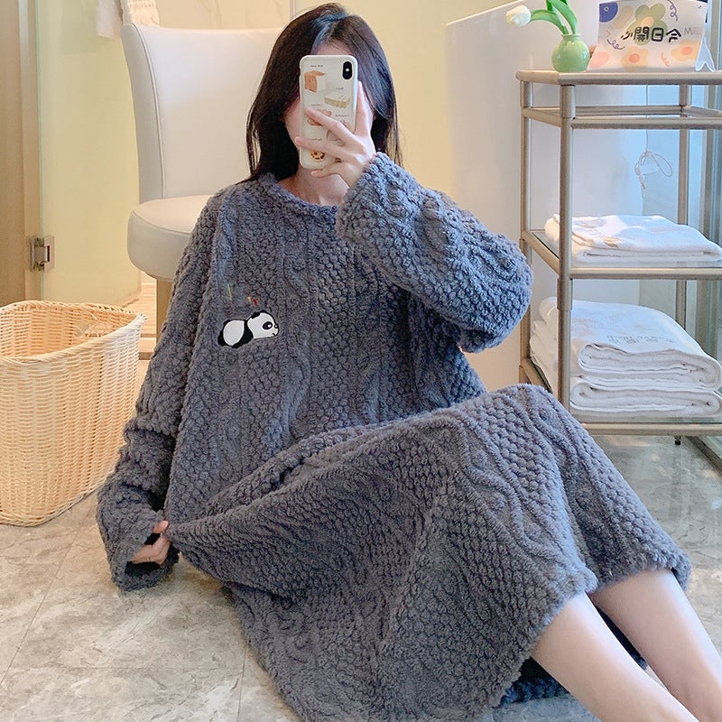 Coral Fleece Nightgown Women'S Winter Fleece-Lined Thickened Sweet Princess Style Cute Pajamas Women'S Plush Jacquard Mid-Length - Image 4