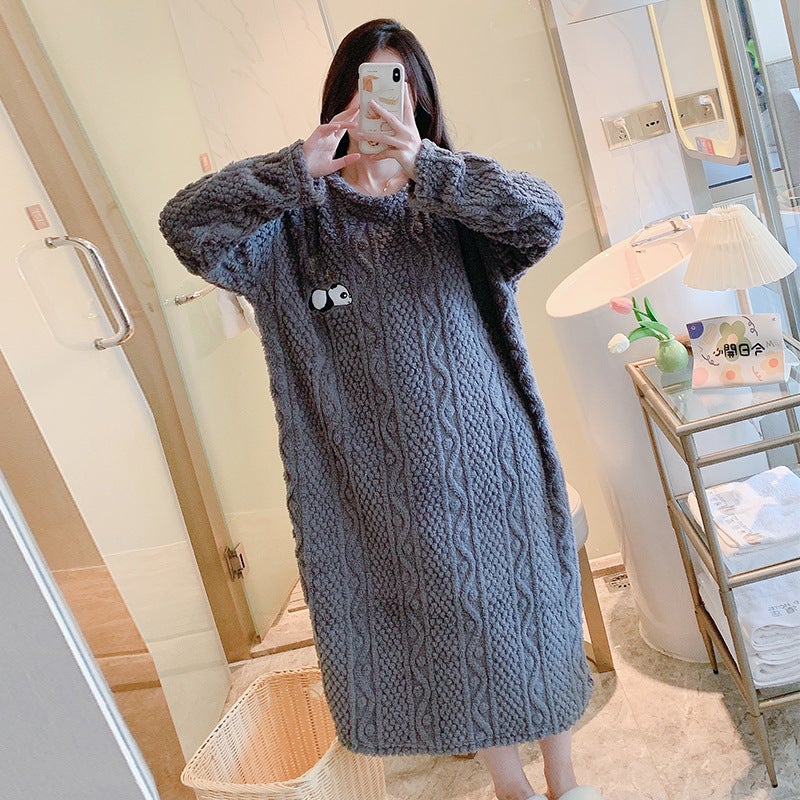 Coral Fleece Nightgown Women'S Winter Fleece-Lined Thickened Sweet Princess Style Cute Pajamas Women'S Plush Jacquard Mid-Length - Image 5