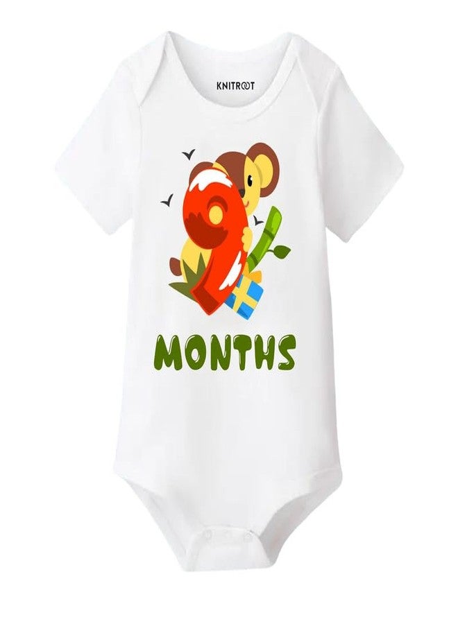 KNITROOT Monthly Birthday Special Newborn Baby White Color Half Sleeve Unisex Romper, Sleepsuit, Body Suit, Envelope Neck, 9 Months Print, 9-12 Months, Infant Cloths, for Boys & Girls - Image 1