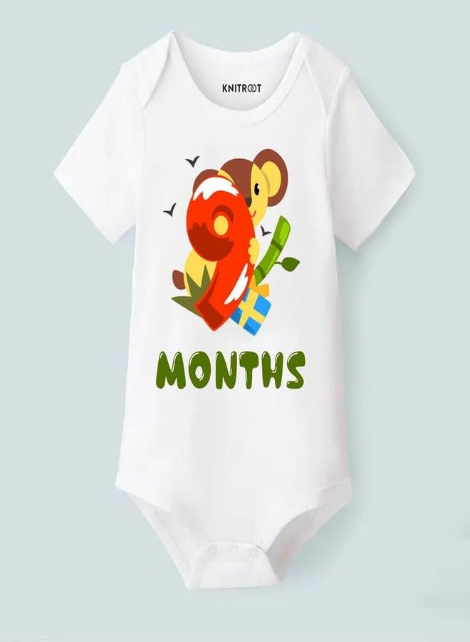 KNITROOT Monthly Birthday Special Newborn Baby White Color Half Sleeve Unisex Romper, Sleepsuit, Body Suit, Envelope Neck, 9 Months Print, 9-12 Months, Infant Cloths, for Boys & Girls - Image 3