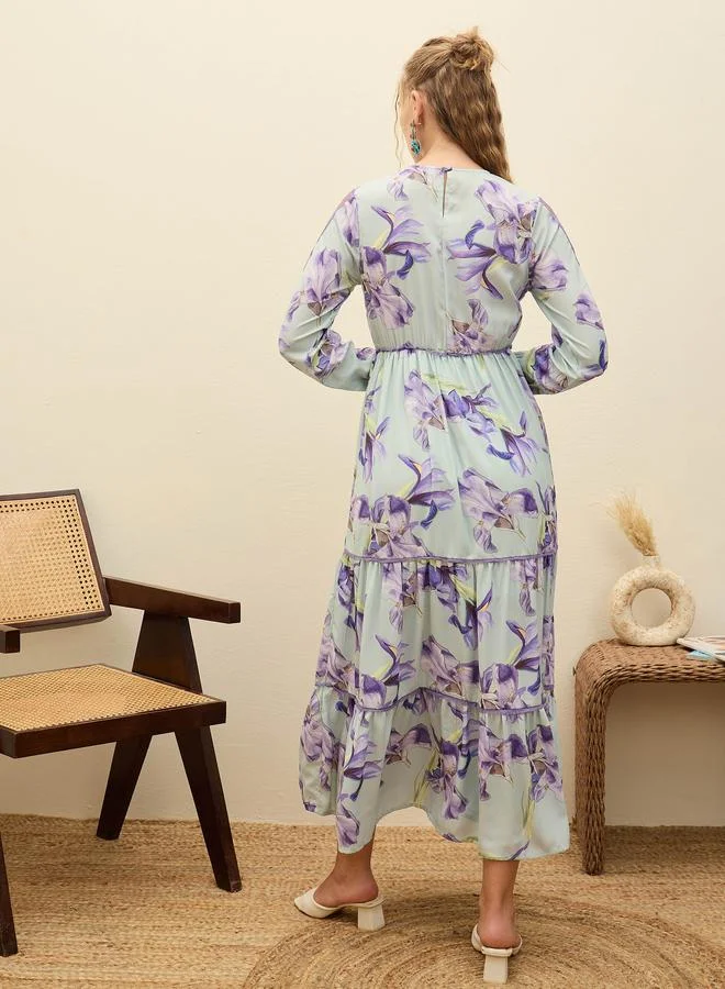 SASSAFRAS SASSAFRAS Green Floral Lace Insert Tiered Maxi Dress