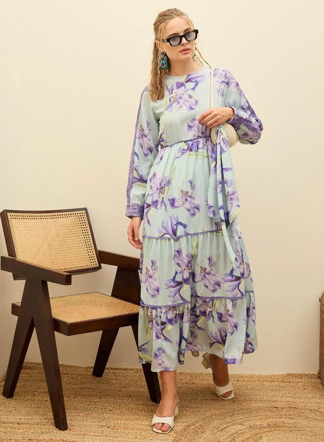 ساسافراس Sassafras Green Floral Lace Insert Tiered Maxi Dress