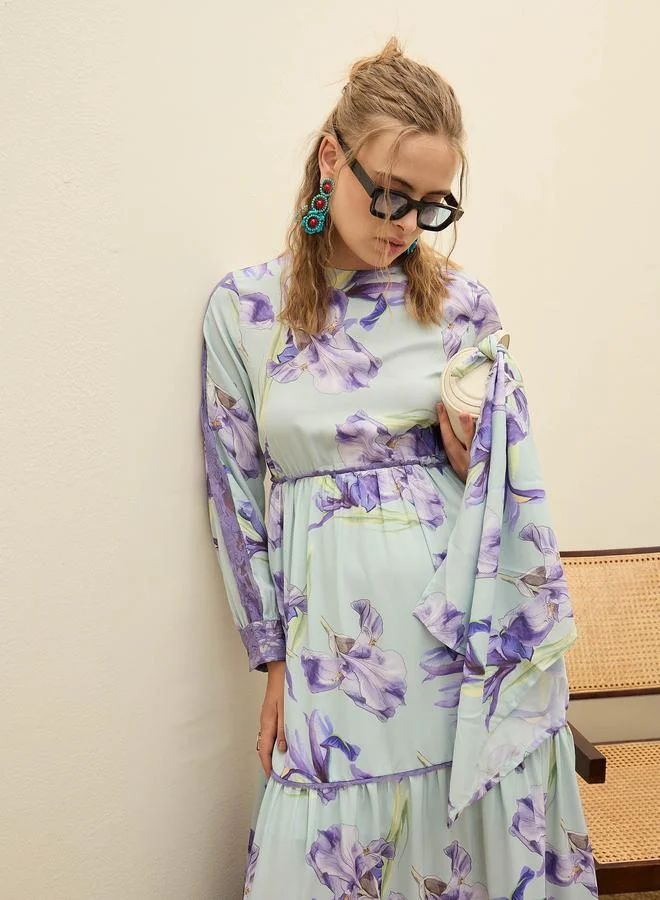 ساسافراس Sassafras Green Floral Lace Insert Tiered Maxi Dress
