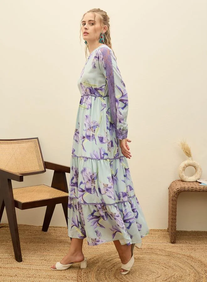 SASSAFRAS SASSAFRAS Green Floral Lace Insert Tiered Maxi Dress