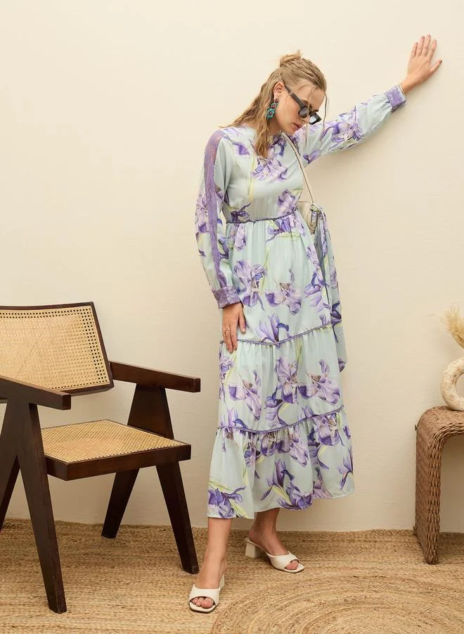 SASSAFRAS SASSAFRAS Green Floral Lace Insert Tiered Maxi Dress