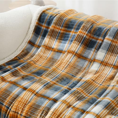 PU MEI Sherpa Blanket Queen Plaid Thick Bed Blanket, 80”*90” Super Soft Flannel Fuzzy Fleece Reversible Velvet Plush Warm Blanket for Couch (Blue Yellow Check) - Image 2