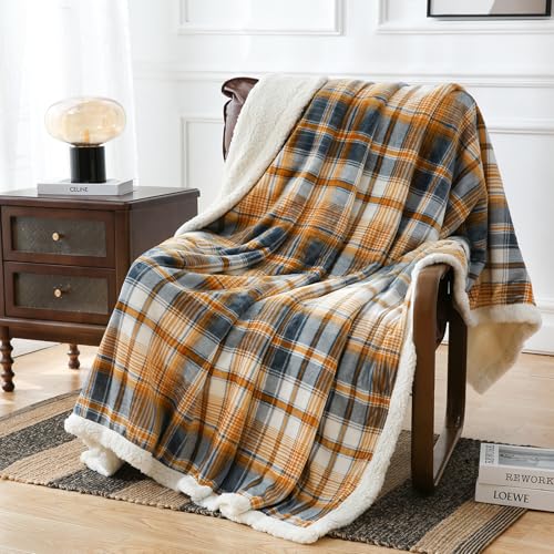 PU MEI Sherpa Blanket Queen Plaid Thick Bed Blanket, 80”*90” Super Soft Flannel Fuzzy Fleece Reversible Velvet Plush Warm Blanket for Couch (Blue Yellow Check) - Image 1