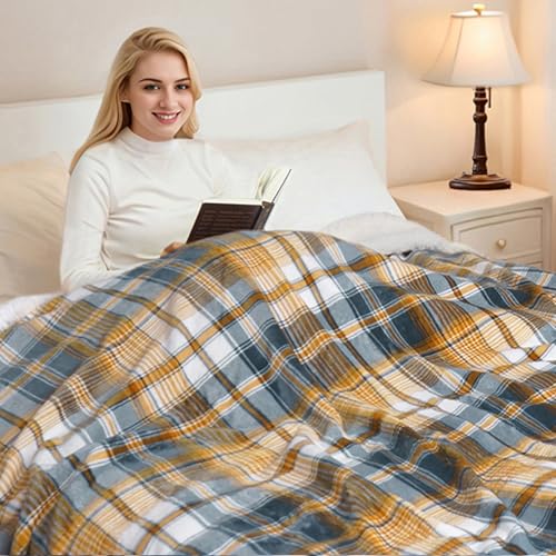 PU MEI Sherpa Blanket Queen Plaid Thick Bed Blanket, 80”*90” Super Soft Flannel Fuzzy Fleece Reversible Velvet Plush Warm Blanket for Couch (Blue Yellow Check) - Image 5