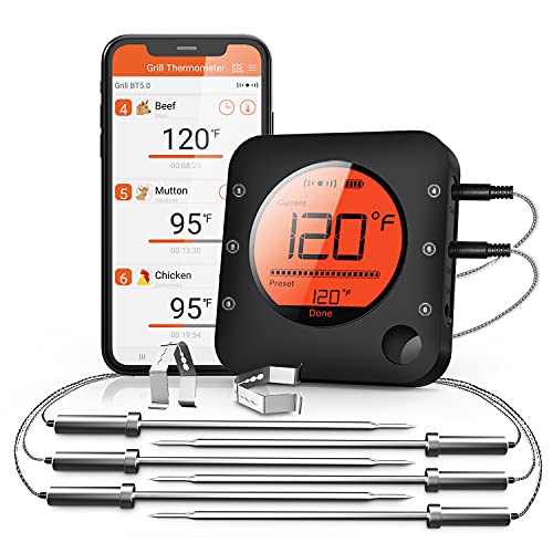 BFOUR Bluetooth Meat Thermometer Wireless Meat Thermometer, Wireless Digital Grill Thermometer with 6 Temperature Probes, Large LCD Display, Bluetooth Thermometer for Grill, Smoker, Oven and BBQ - Image 1