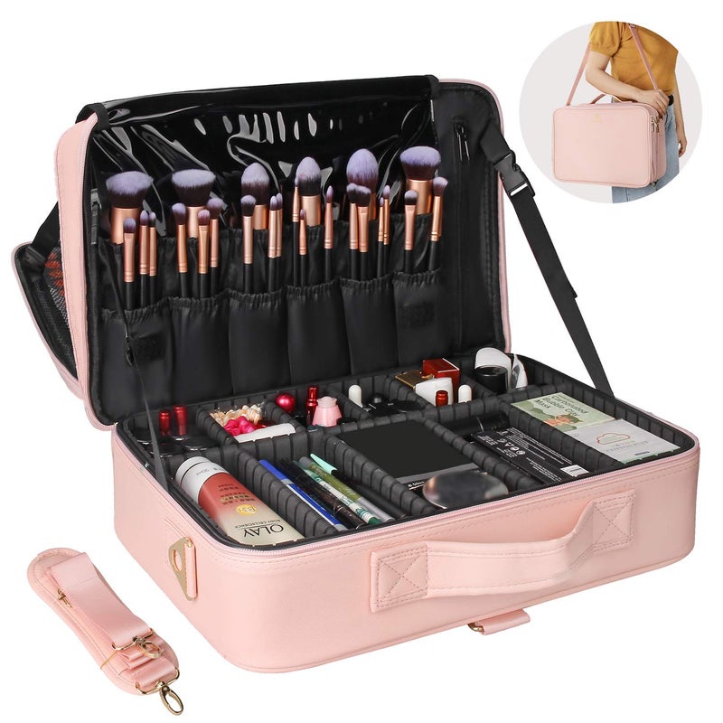 Relavel Makeup Case Large Makeup Bag Professional Train Case 16.5 inches Travel Cosmetic Organizer Brush Holder Waterproof Makeup Artist Storage Box, 3 Layer Large with Adjustable Strap (Pink) - Image 2
