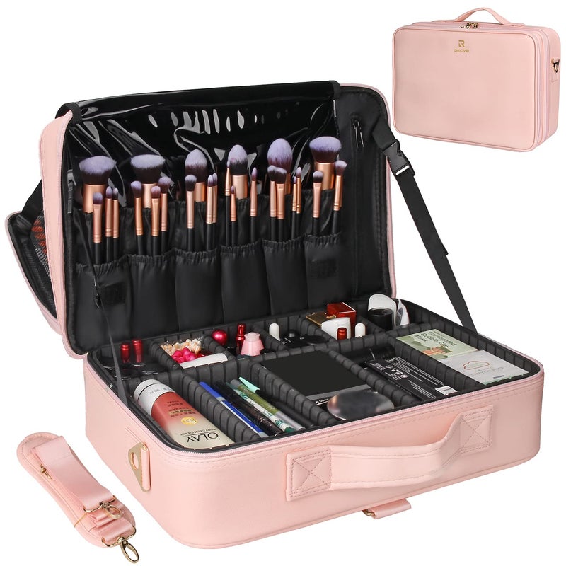 Relavel Makeup Case Large Makeup Bag Professional Train Case 16.5 inches Travel Cosmetic Organizer Brush Holder Waterproof Makeup Artist Storage Box, 3 Layer Large with Adjustable Strap (Pink) - Image 1