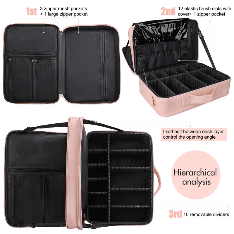 Relavel Makeup Case Large Makeup Bag Professional Train Case 16.5 inches Travel Cosmetic Organizer Brush Holder Waterproof Makeup Artist Storage Box, 3 Layer Large with Adjustable Strap (Pink) - Image 3