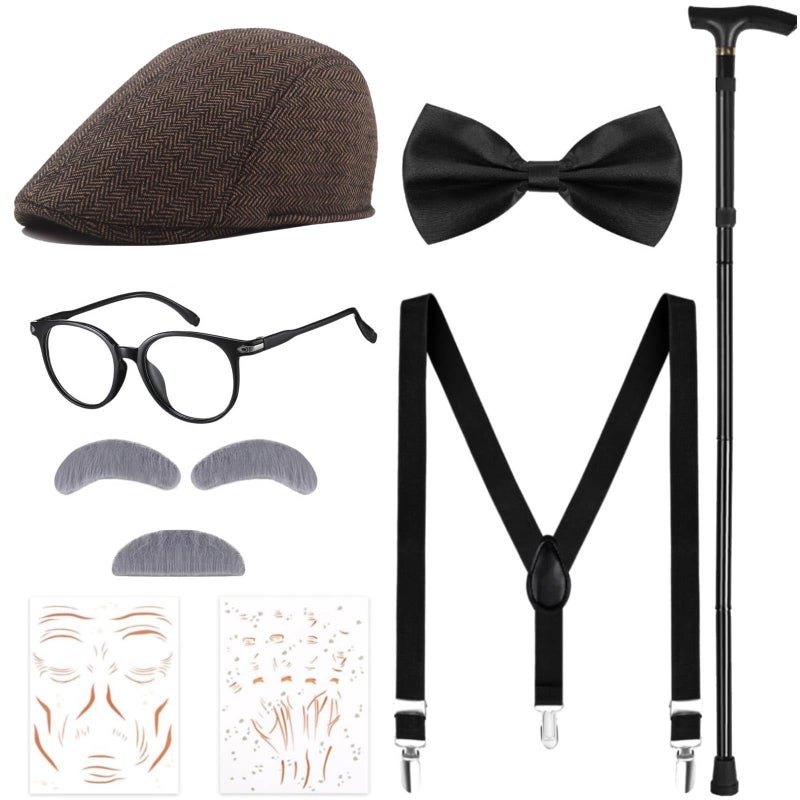 JcHrmers 100 Days of School Costume Old Man Costume Grandpa Hat Glasses Moustache Eyebrows Cane Bow Tie Back Elastic Suspender Set (Coffee Hat) - Image 1