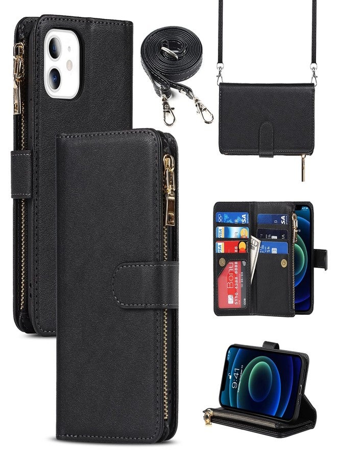 Jaorty for iPhone 12 Mini Phone Case Wallet for Women with Credit Card Holder,Crossbody Case with Strap Shoulder Lanyard, Zipper Pocket PU Leather Cases for iPhone 12 Mini,5.4" Black - Image 1