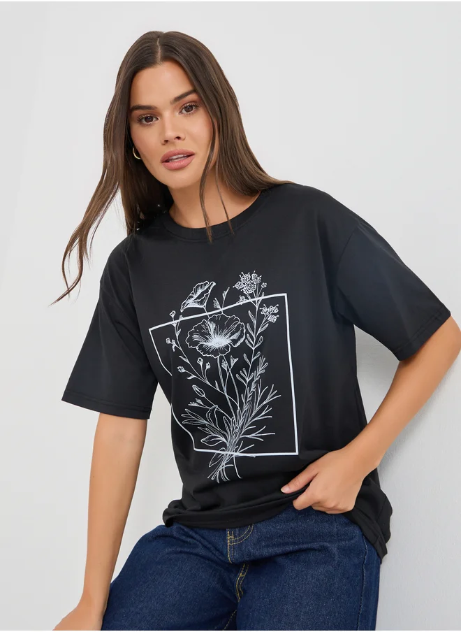 ستايلي Styli Graphic Print Round Neck T-Shirt