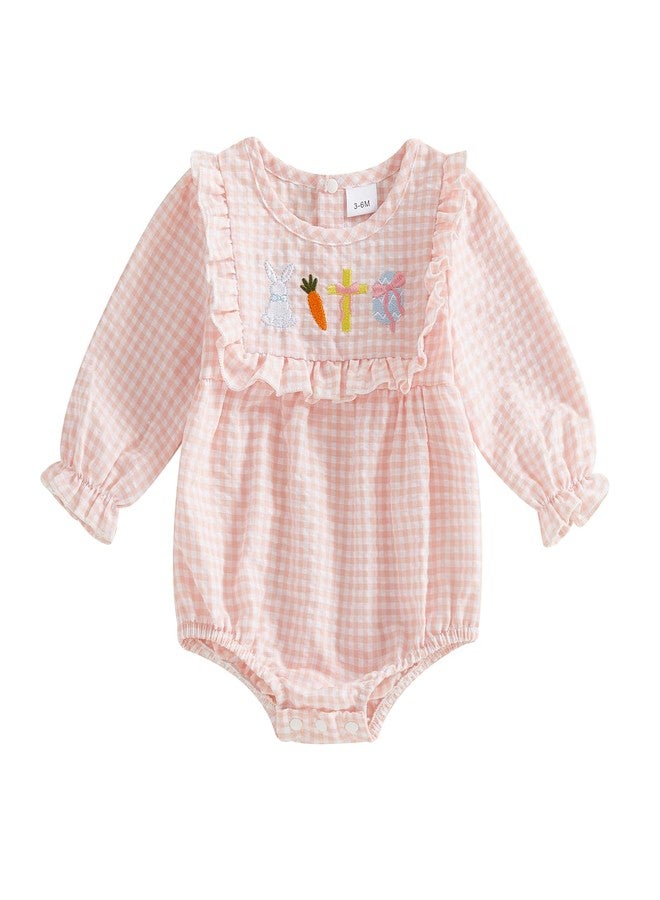 Thilsidee Newborn Baby Girl Easter Smocked Romper Long Sleeve Seersucker Gingham Bodysuit Rabbit Jumpsuit One Piece Outfit (A-Pink, 3-6 Months) - Image 1