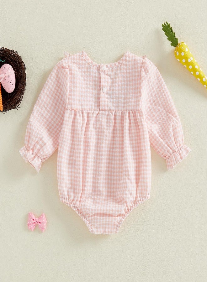 Thilsidee Newborn Baby Girl Easter Smocked Romper Long Sleeve Seersucker Gingham Bodysuit Rabbit Jumpsuit One Piece Outfit (A-Pink, 3-6 Months) - Image 3