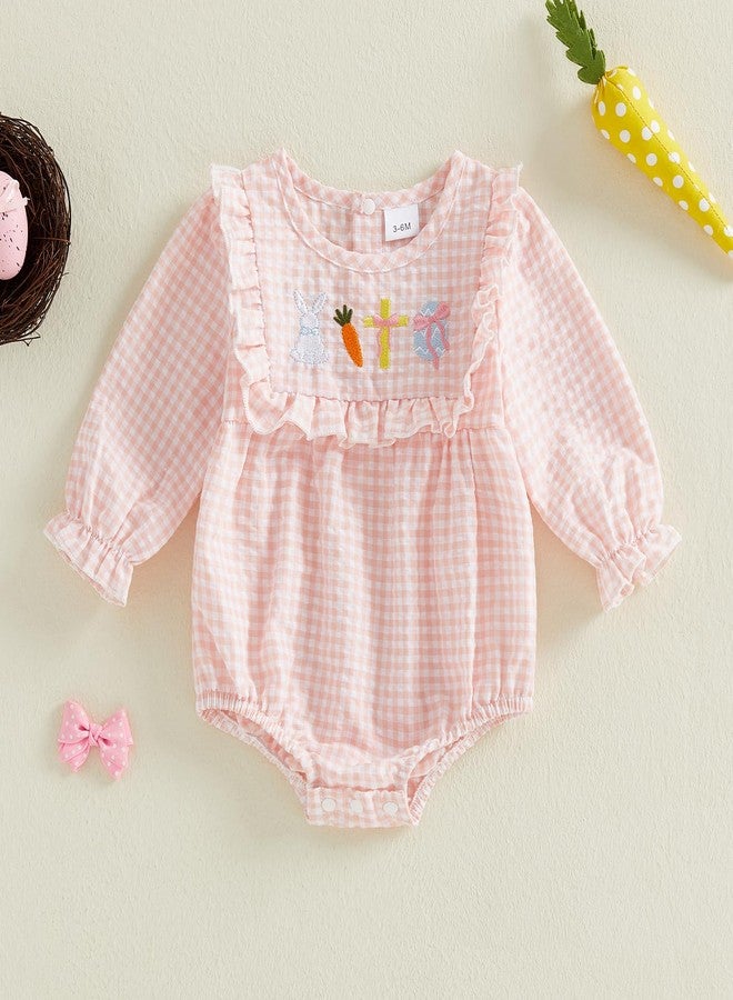 Thilsidee Newborn Baby Girl Easter Smocked Romper Long Sleeve Seersucker Gingham Bodysuit Rabbit Jumpsuit One Piece Outfit (A-Pink, 3-6 Months) - Image 2