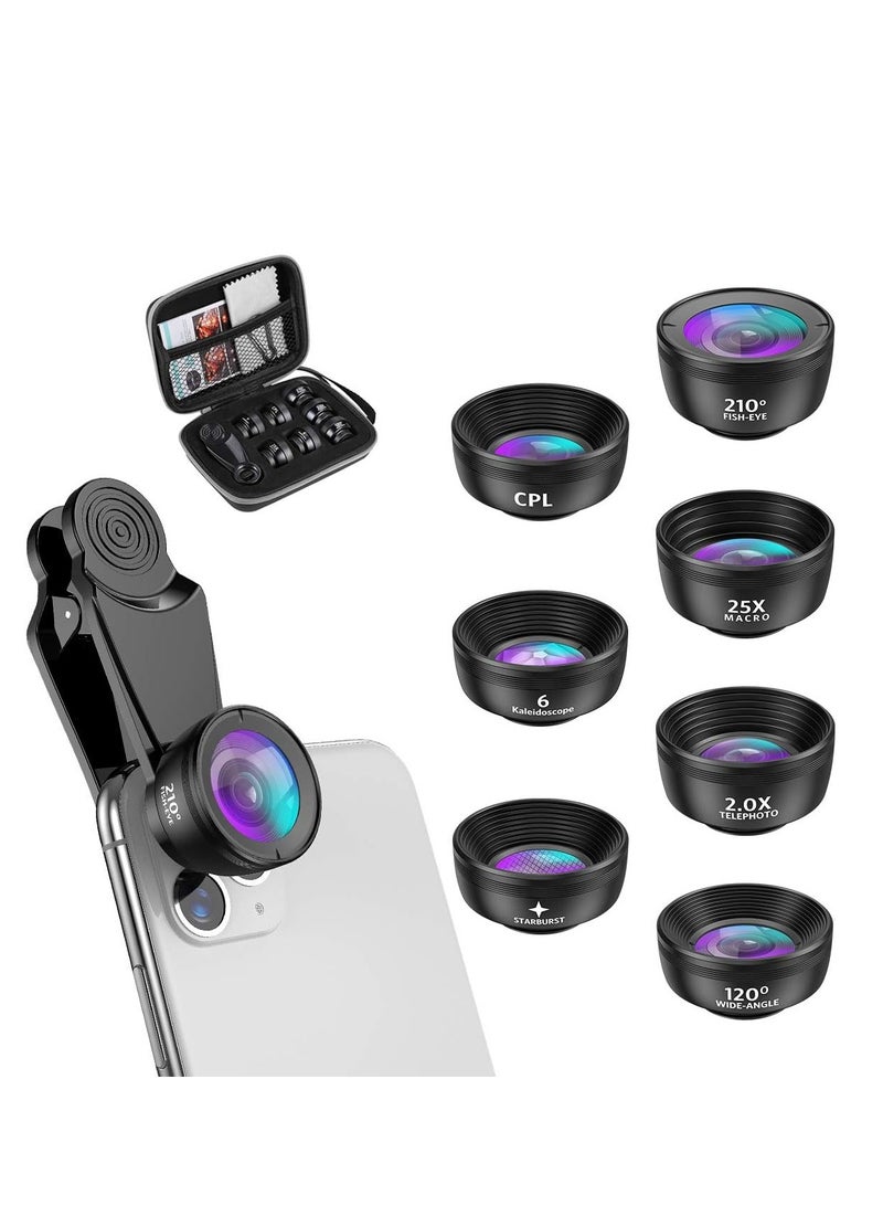 Generic Phone Camera Lens, 210 °Fisheye Lens + 120 °Wide Angle + 25X Macro + 2X Telephoto + Star Lens + CPL + 6 Kaleidoscope 7 in 1 Phone Lens Kit Compatible with iPhone/Samsung/Google Pixel etc  - Image 1
