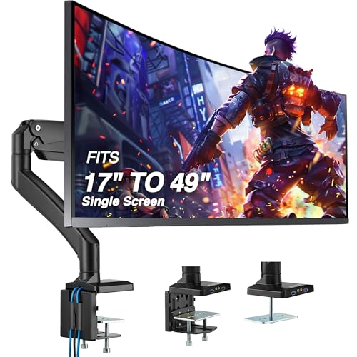 AVLT Single 1749 Super Ultrawide Monitor Arm for Screens Up to 50 lbs Premium Aluminum Desk Stand Adjustable Pneumatic Height Full Motion Swivel Tilt Rotation USB 30  AUX Ports Black