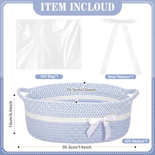 Colingmill Woven Gift Basket Empty with Handles Ribbons Bow Tie Bag 14 x 10 x 55 Inch Medium Decorative Woven Gift Basket Rope Storage Box Home Decor14 x 10 x 55 InchBlue White - Image 3