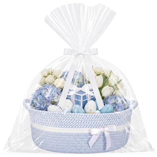 Colingmill Woven Gift Basket Empty with Handles Ribbons Bow Tie Bag 14 x 10 x 55 Inch Medium Decorative Woven Gift Basket Rope Storage Box Home Decor14 x 10 x 55 InchBlue White - Image 1