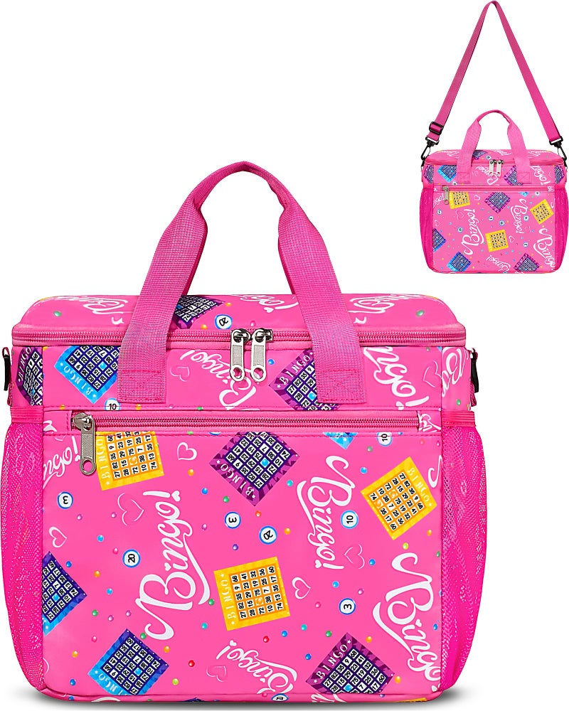 FOKDUVB Bingo Bag for Daubers Dabbers Dotters Tote Bag with Pockets for Bingo Stuff Supplies (Pink) - Image 1