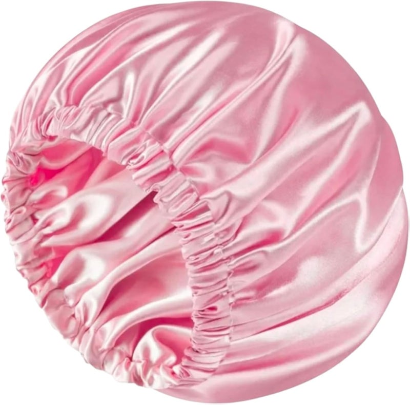 MZ Luxury Satin Shower Cap, Double-Layer Design, Sleep Bonnet with Elastic Band, Pink