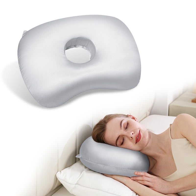 Swaycy Ear Piercing Hole Pillows Side Sleeper Pillow with an Ear Hole for CNH Side Sleepers and Ear Inflammation Pressure Sores Adjustable Cotton and Polyester Curved Side Pillow Light Gray Silk - Image 2