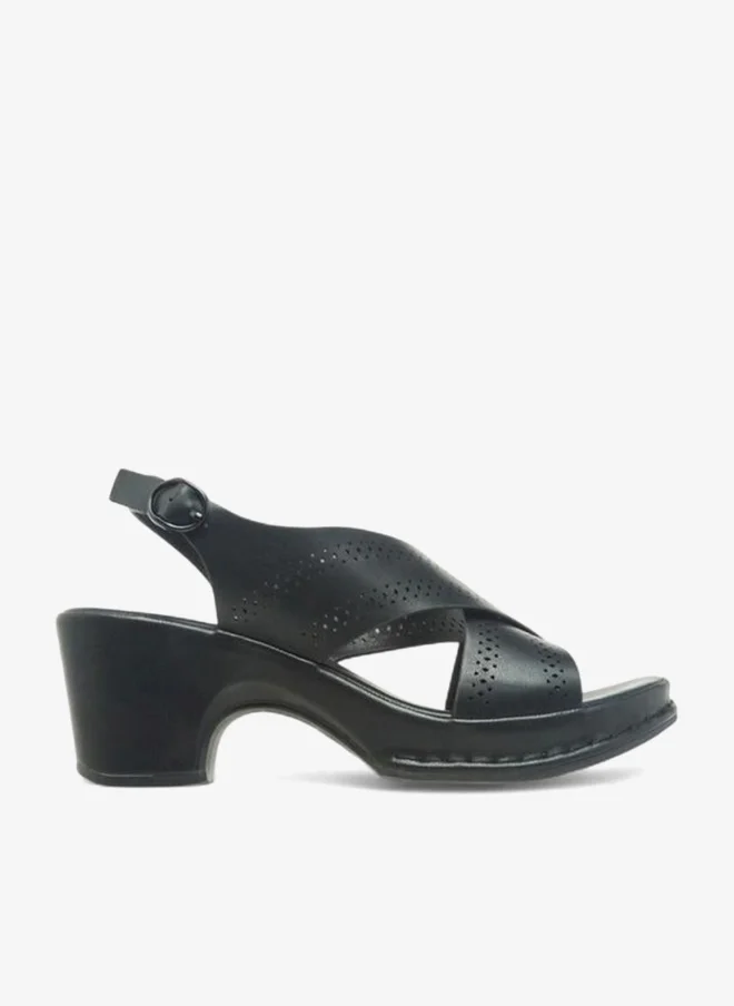 Women Perforated Cross Strap Block Heel Sandals