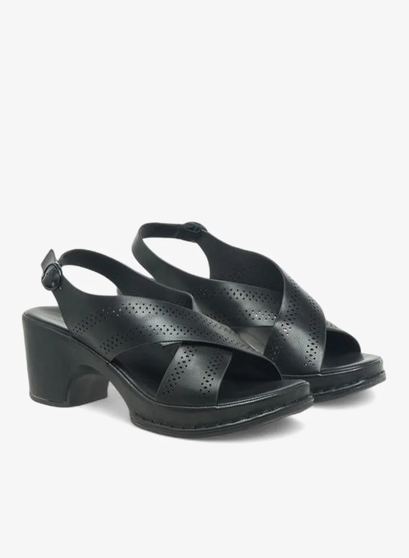 Flora Bella By Shoexpress BLACK Women Perforated Cross Strap Block Heel Sandals for Women | Best Price UAE