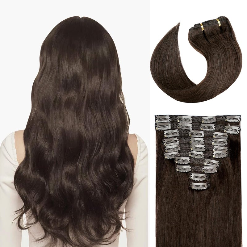 FAAAL 22 Clip in Human Hair Extensions Full Head 200g 10 Pieces 22 Clips 2 Dark Brown Double Weft Brazilian Real Remy Hair Extensions Thick Silky Straight 22 200g Dark Brown