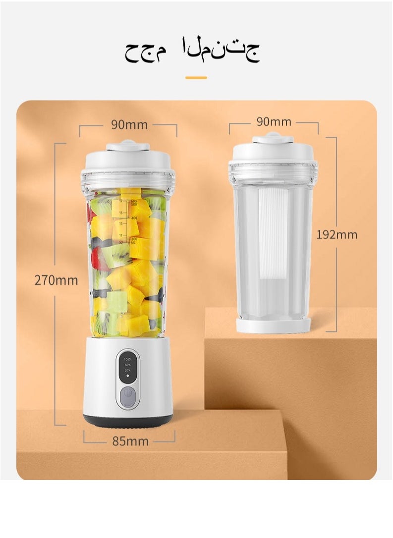 Portable Blender 500ml, 4 Stainless Steel Blades, 300 Watt for Shakes and Smoothies Juice Waterproof Blender, USB Rechargeable, With Travel Lid and Straw