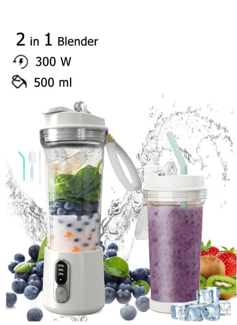 Portable Blender 500ml, 4 Stainless Steel Blades, 300 Watt for Shakes and Smoothies Juice Waterproof Blender, USB Rechargeable, With Travel Lid and Straw