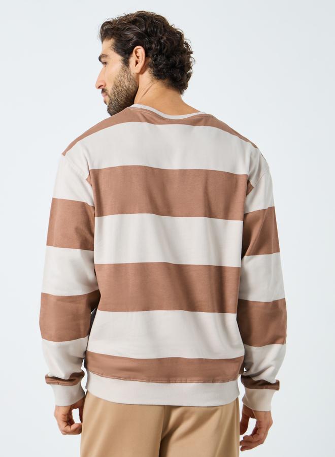 Styli Beige Striped Relaxed Fit Fleece Sweatshirt - Image 4